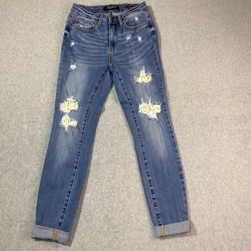 Judy Blue Skinny Jeans Womens 1/25 Blue Distressed Lemon Print Patch EUC Stretch